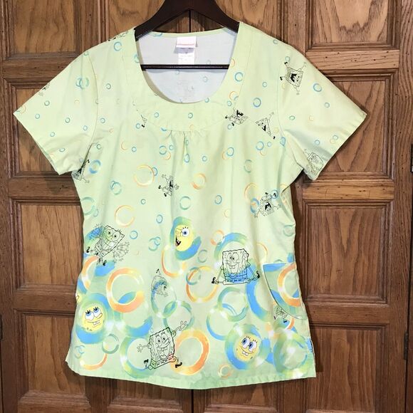 Nickelodeon SpongeBob SquarePants Top Women's M Lime Cotton Poly Scrubs Pockets - Picture 1 of 9